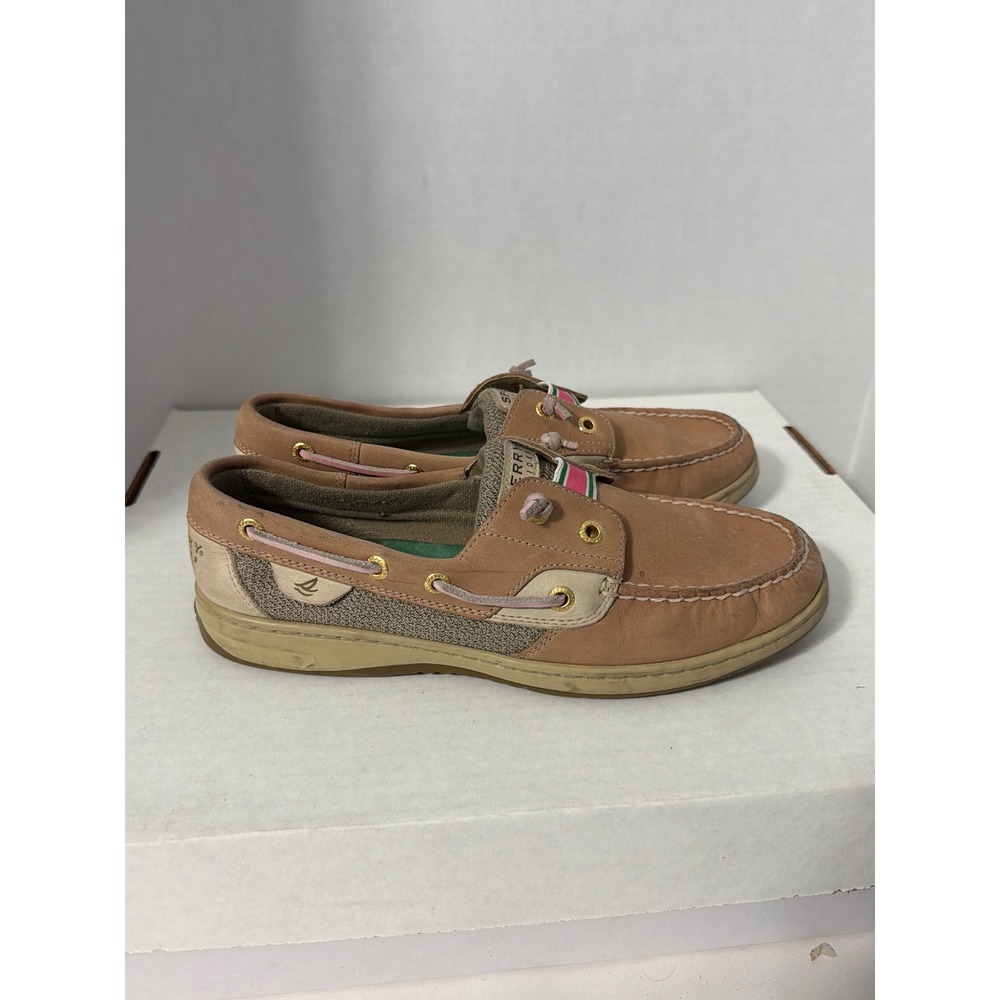 Sperry Top-Sider Angfish Tan Leather Mesh Boat Shoes Pink Green Stripe 8.5M - Picture 5 of 9